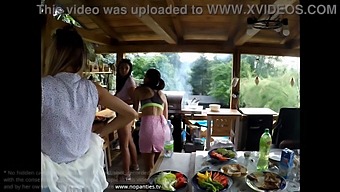 Outdoor Barbecue Party With Shaved Pussy Girls In Skirts And Panties